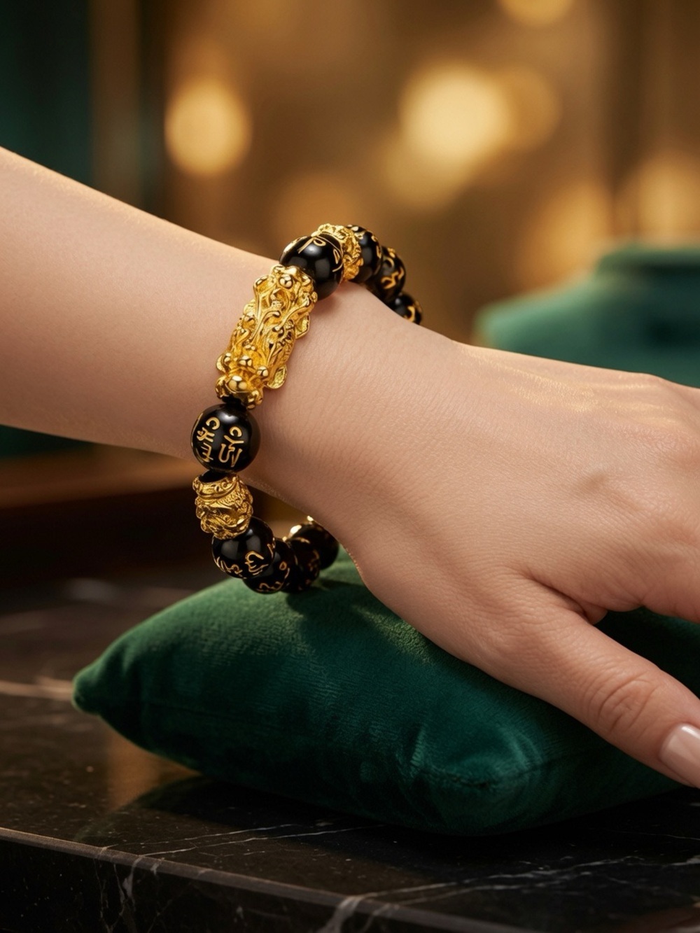 Gold and Black Lion Bead Bracelet - Women's Jewelry